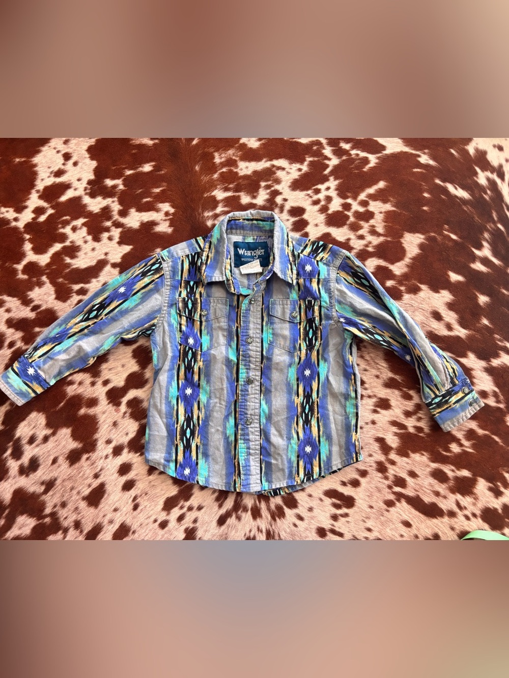 Vintage‎ RARE 90s Wrangler Teal & Blue Aztec Button-Down PEARL snap long sleeve